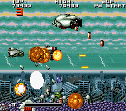 Bio-Ship Paladin (Arcade) screenshot: Destroying the big ships.