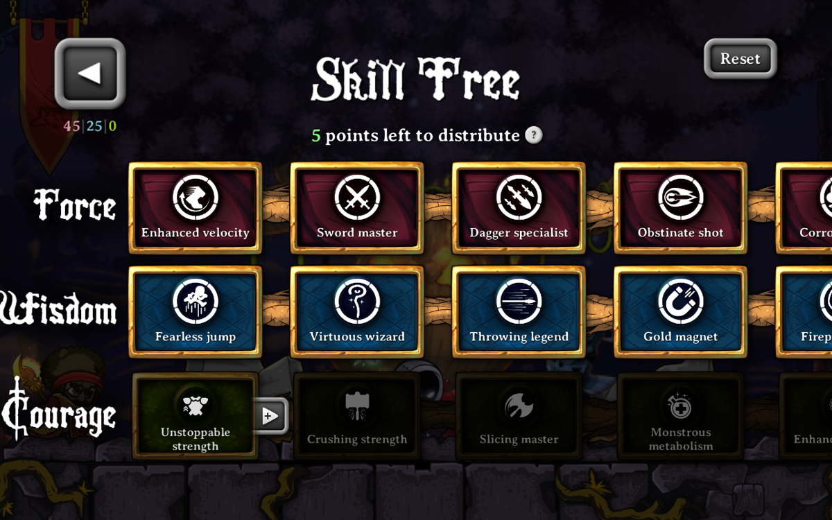 Magic Rampage (Android) screenshot: Skill tree: skills list