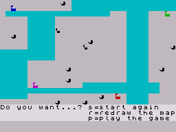 Viking Raiders (ZX Spectrum) screenshot: The map is randomly generated. Choose to play or start over.