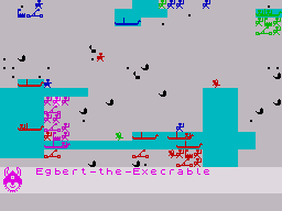 Viking Raiders (ZX Spectrum) screenshot: Most of the map is frozen over and I have few forces left. I attempt to assault Wotan in the northeast.