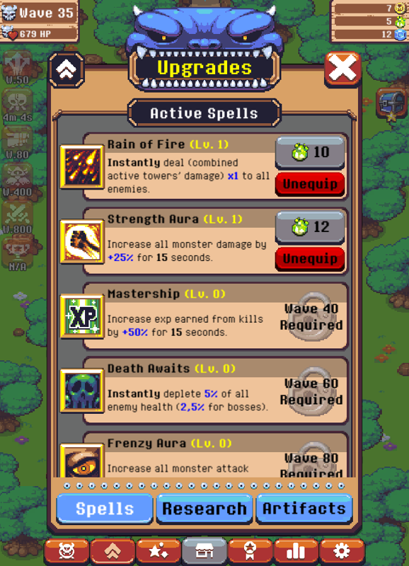 Idle Monster Tower Defense (Windows) screenshot: Magic upgrades