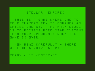 Stellar Empires (TRS-80 CoCo) screenshot: Title Screen and Instructions