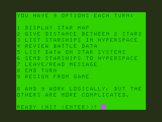 Stellar Empires (TRS-80 CoCo) screenshot: List of Commands
