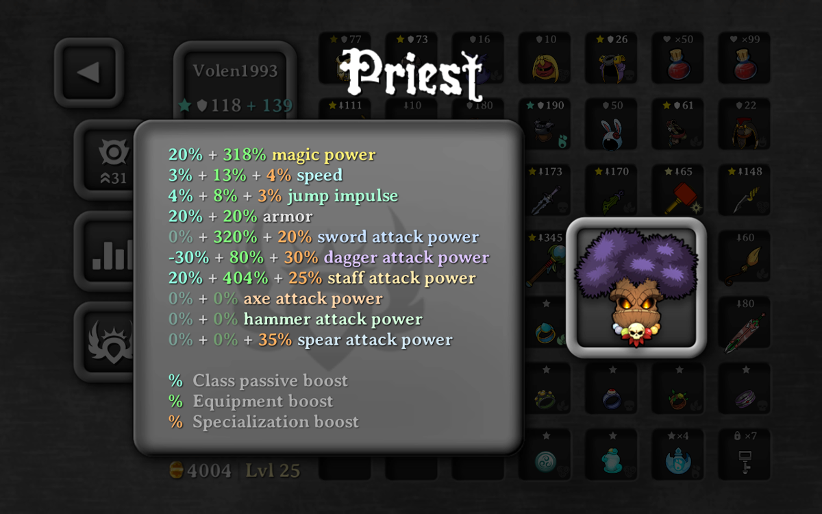 Magic Rampage (Android) screenshot: Priest (class): stats