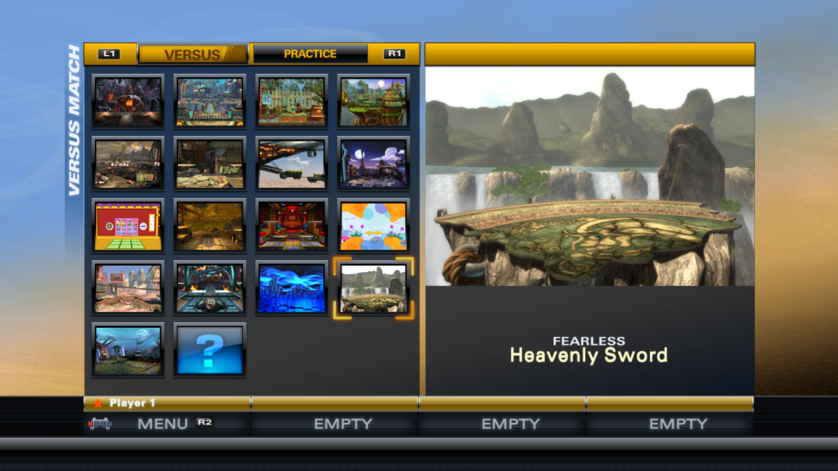 PlayStation All-Stars Battle Royale: 'Fearless' Heavenly Sword Level (PlayStation 3) screenshot: Selecting the level from the menu