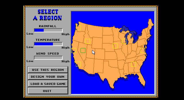 Sim Farm (DOS) screenshot: Select a Region (EGA)