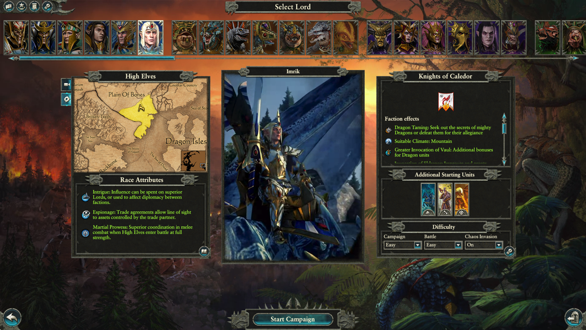 Total War: Warhammer II - Imrik (Windows) screenshot: Selecting the Knights of Caledor as the next playable faction in Mortal Empires