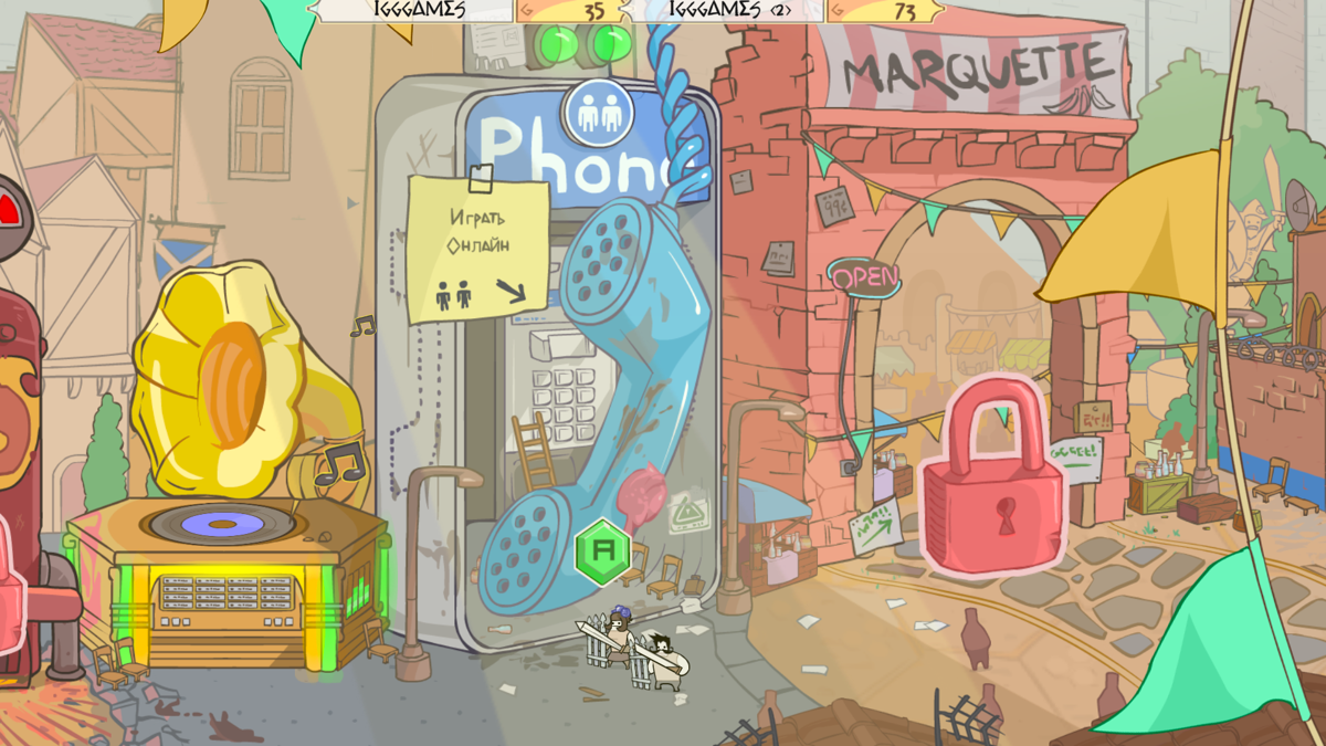 Pit People (Windows) screenshot: The phone booth is used for online play