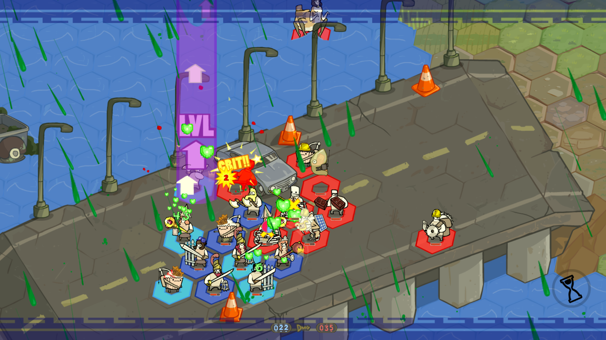 Pit People (Windows) screenshot: Doing crits and leveling up