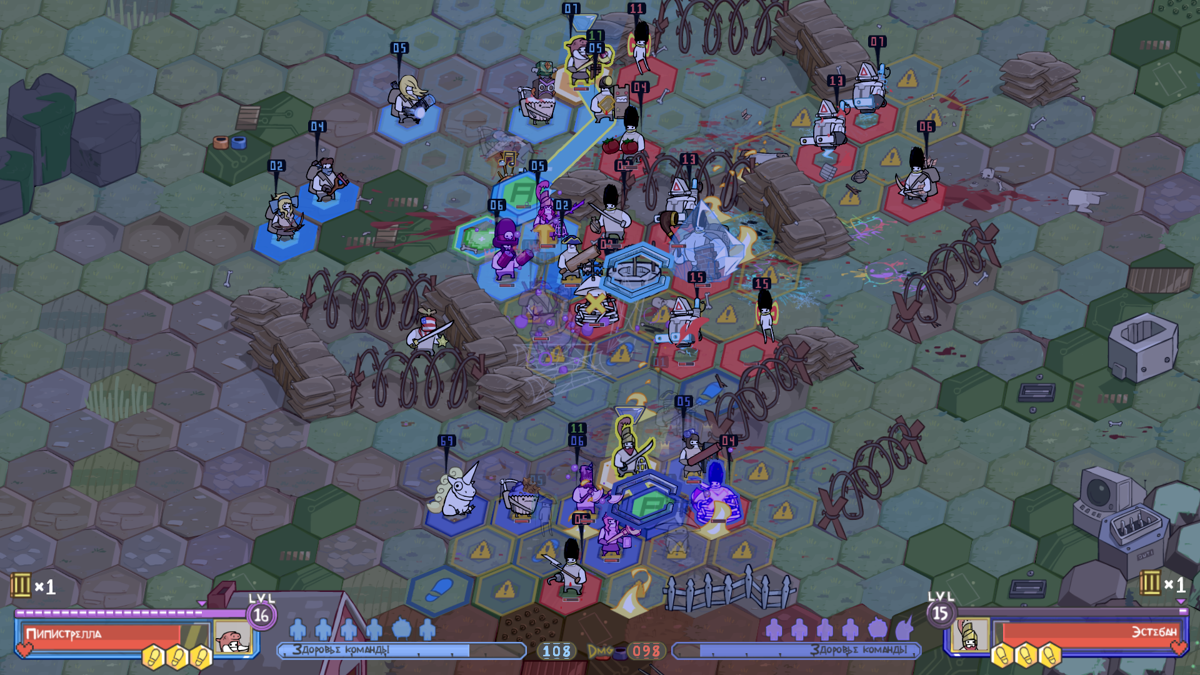 Pit People (Windows) screenshot: Even more units on screen at once. An epic battle