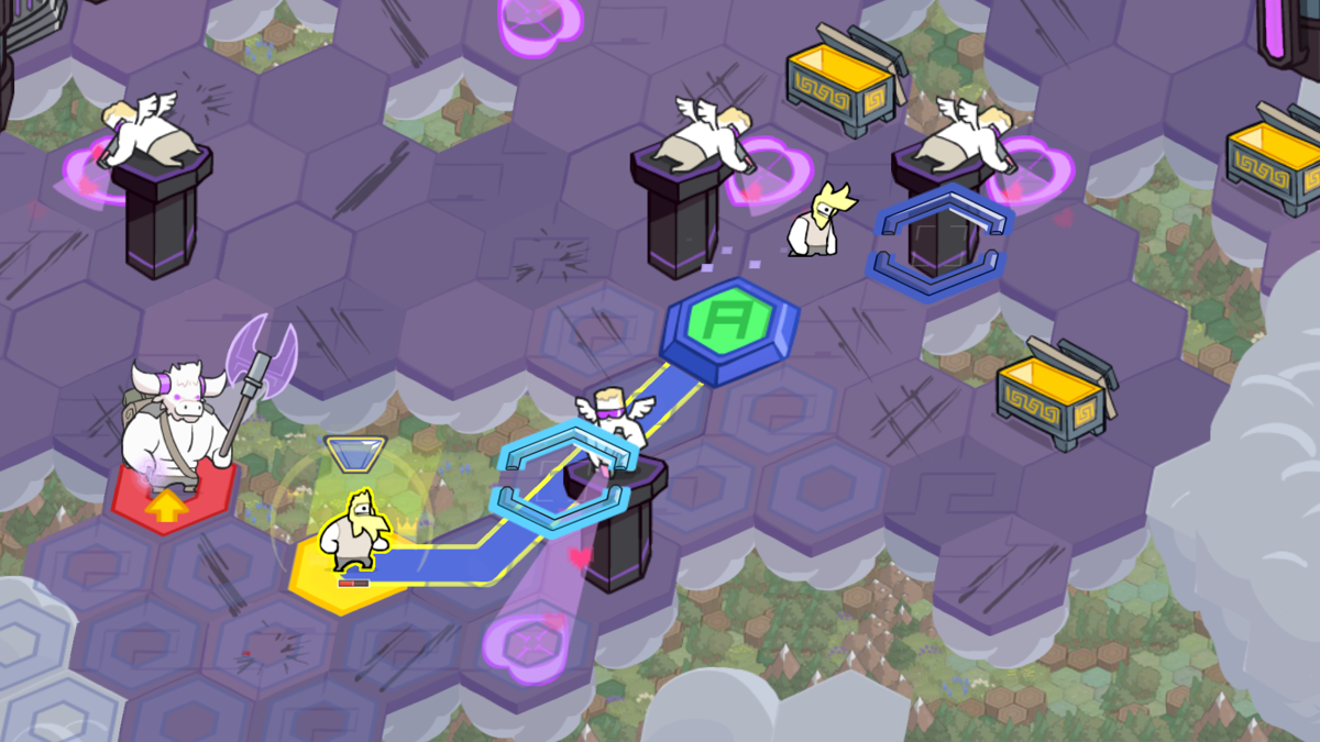 Pit People (Windows) screenshot: Try to run from the Minotaur. But he is faster