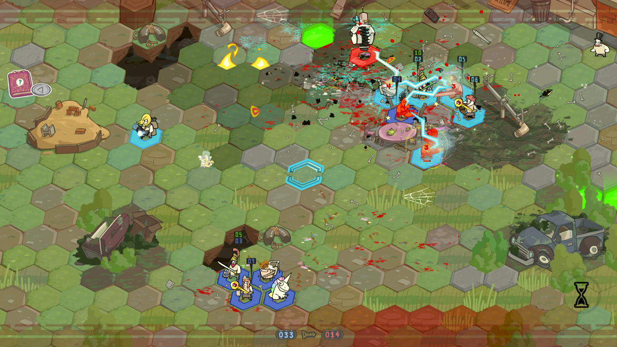 Pit People (Windows) screenshot: The nasty robots zap several units at once. Good thing you can recruit almost any enemy