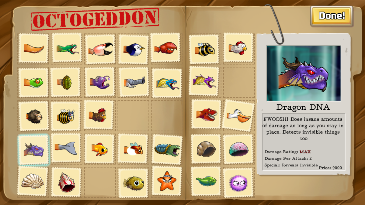 Octogeddon (Windows) screenshot: Octogeddon tentacles (DNA) encyclopedia
