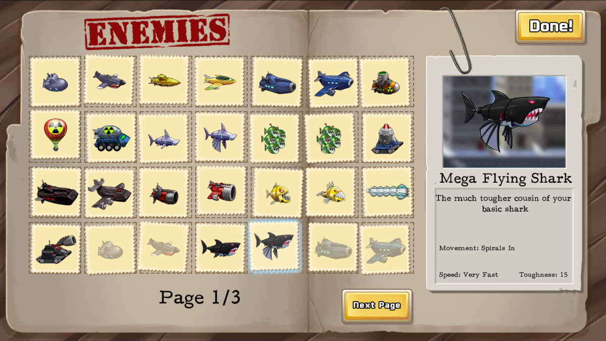 Octogeddon (Windows) screenshot: Enemies encyclopedia