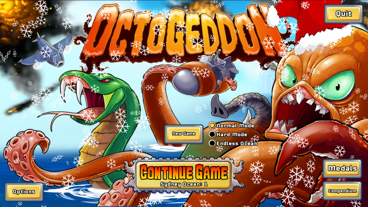 Octogeddon (Windows) screenshot: Launch the game during the Christmas season and you get a slightly different title screen