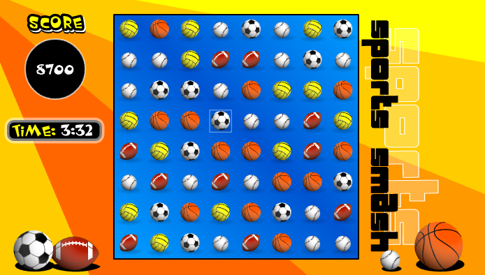 Sports Smash (Browser) screenshot: Replace the marked football (soccer ball) with the one above in order to create two rows identical of 3 balls