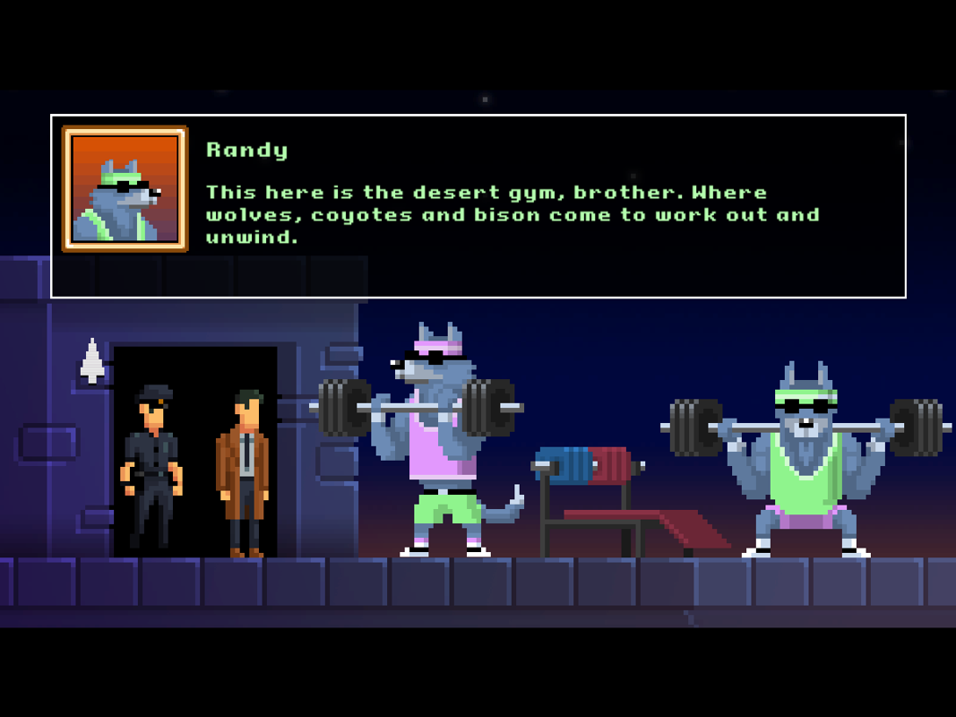 The Darkside Detective (Windows) screenshot: The plot turns more towards comedy once more - it's some temple to physical fitness and we have to help the desert wolves repair their barbell - a minigame harder than it looks.