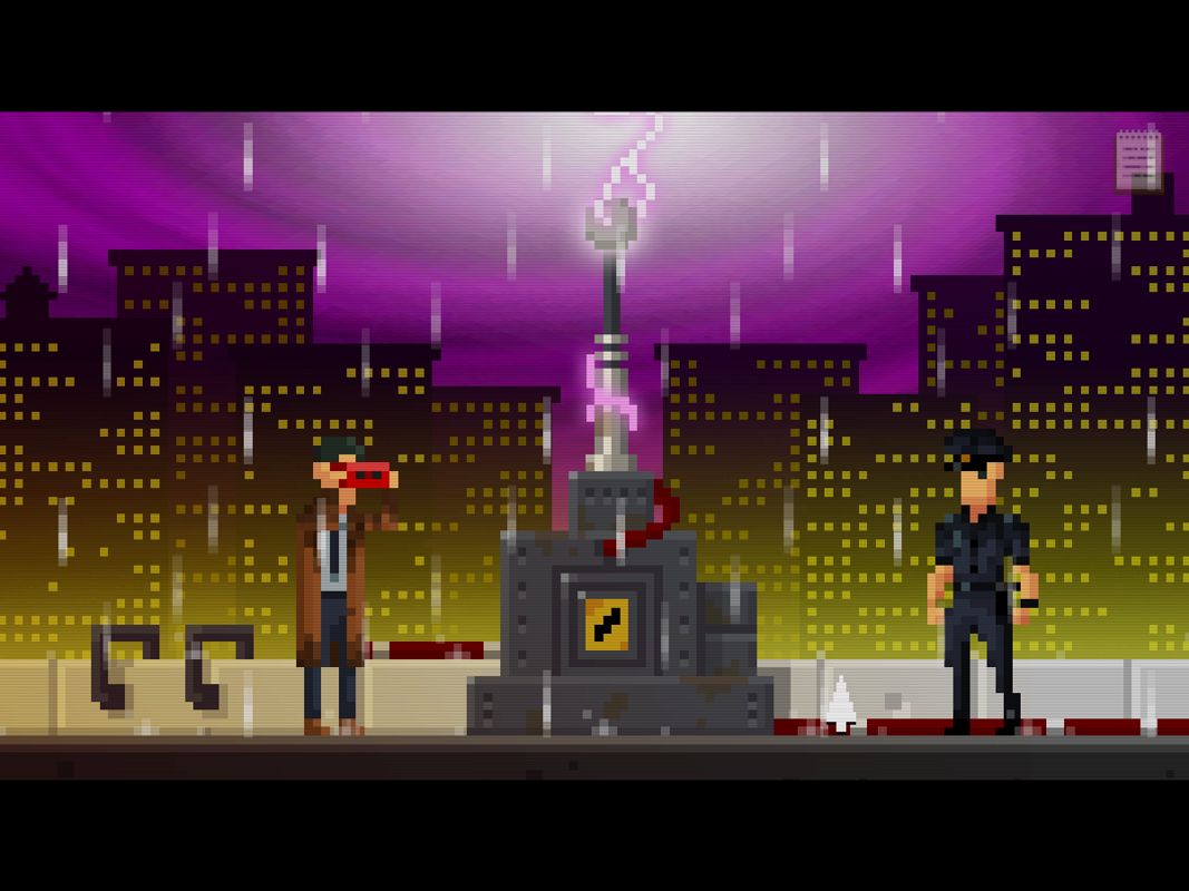 The Darkside Detective (Windows) screenshot: On the roof of the library building - to shut off power flowing to the occult book and get rid of the purple vortex...
