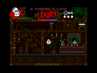 A Pirate's Life Dizzy (Windows) screenshot: Notice the life bar (under the word "Dizzy" in large red letters) - it is very interesting and different from most Dizzy games.