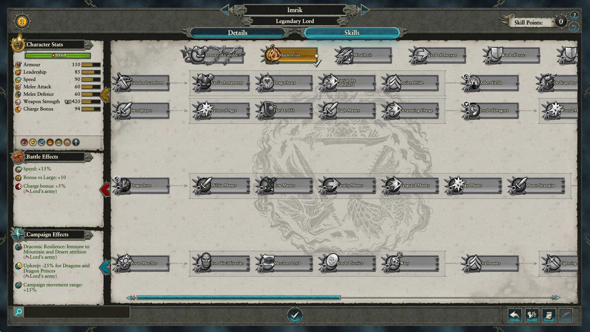 Total War: Warhammer II - Imrik (Windows) screenshot: Imrik's starting stats and a part of his skill tree