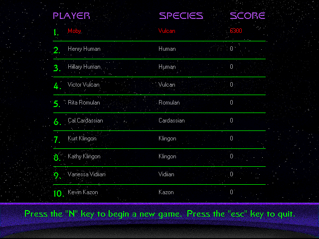Star Trek: The Game Show (Windows) screenshot: High score table.
