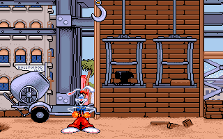 Hare Raising Havoc (Amiga) screenshot: The building site bears traces of Baby Herman. This time using some explosives you need to create a bridge over the gap.