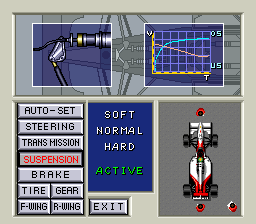 F-1 Grand Prix Part II (SNES) screenshot: Machine Setting - McLaren's Active Suspension