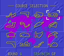 F-1 Grand Prix Part II (SNES) screenshot: Course Selection - SpaInish GP
