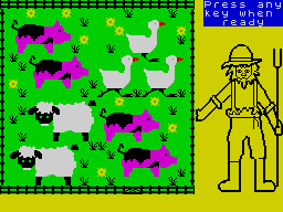 Look Sharp! (ZX Spectrum) screenshot: "Old MacDonald's Farm"; Memory Game Level 1; Press any key when ready.