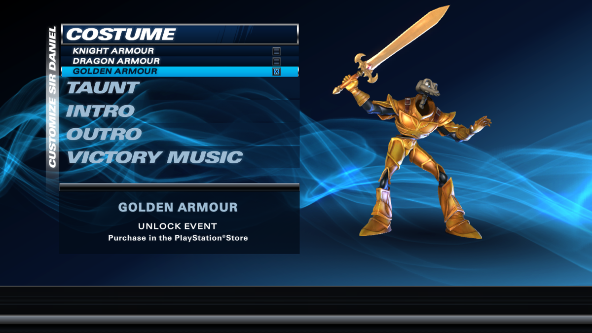 PlayStation All-Stars Battle Royale: 'Golden Armor' Sir Daniel Costume (PlayStation 3) screenshot: 3D model of Sir Daniel in golden armor
