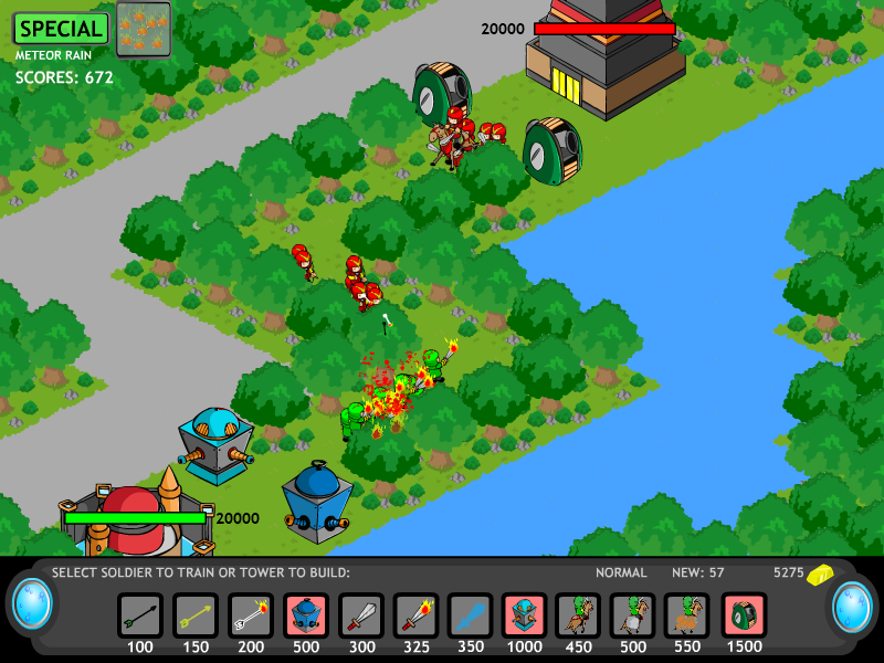 Strategy Defense 3: The Final War (Browser) screenshot: Units are on the battlefield, and three types of towers have been built.