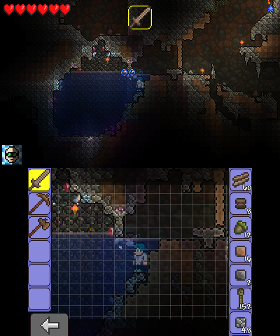 Terraria (Nintendo 3DS) screenshot: Cave with Jewels