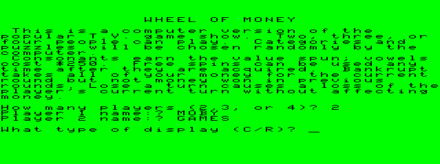 Wheel of Money (TRS-80 CoCo) screenshot: Game Setup