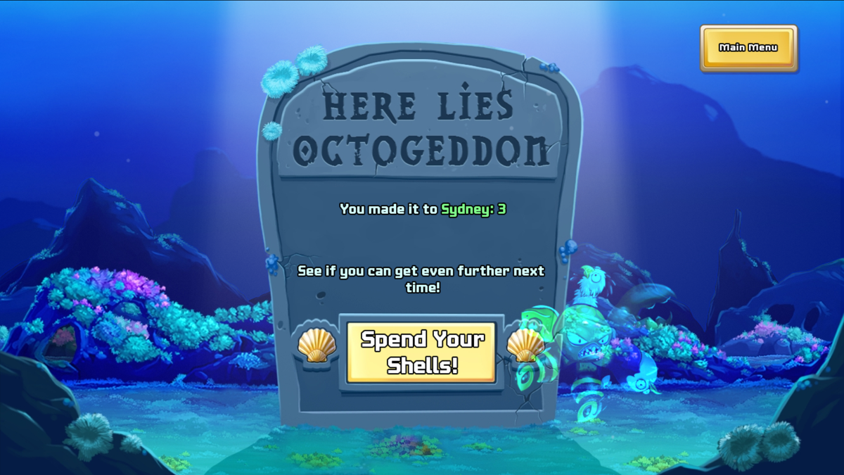 Octogeddon (Windows) screenshot: Game over. You need to restart the game, but some upgrades carry over