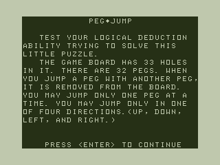 Peg Jump (TRS-80 CoCo) screenshot: Title Screen