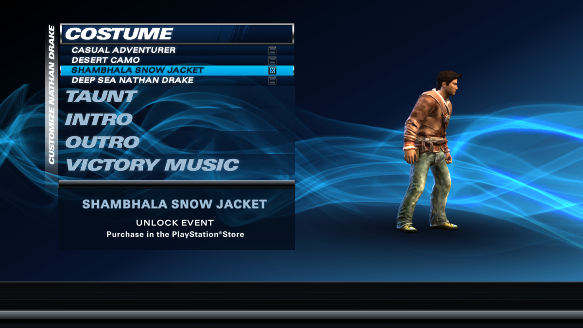 PlayStation All-Stars Battle Royale: 'Shamballa Snow Jacket' Drake Costume (PlayStation 3) screenshot: Nathan in snow jacket