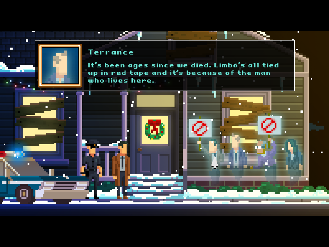 The Darkside Detective: A Fumble in the Dark (Windows) screenshot: The first bonus case was released for Christmas 2021. McQueen and Dooley are having holiday dinner when they are suddenly called to investigate a case and that's what they find...