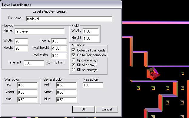 Alzey (Windows) screenshot: level editor: Setting up various parameters for a new level.
