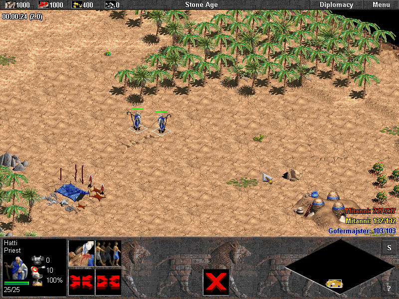 Age of Empires (Windows) screenshot: Two priests and no town center? How am I supposed to win?