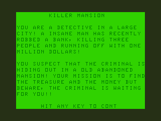Killer Mansion (TRS-80 CoCo) screenshot: Introduction