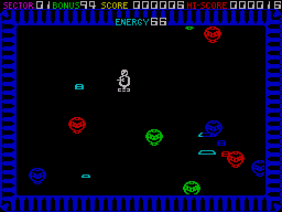 Zip-Zap (ZX Spectrum) screenshot: The robot constantly moves. Rotating the joystick alter the movement direction.