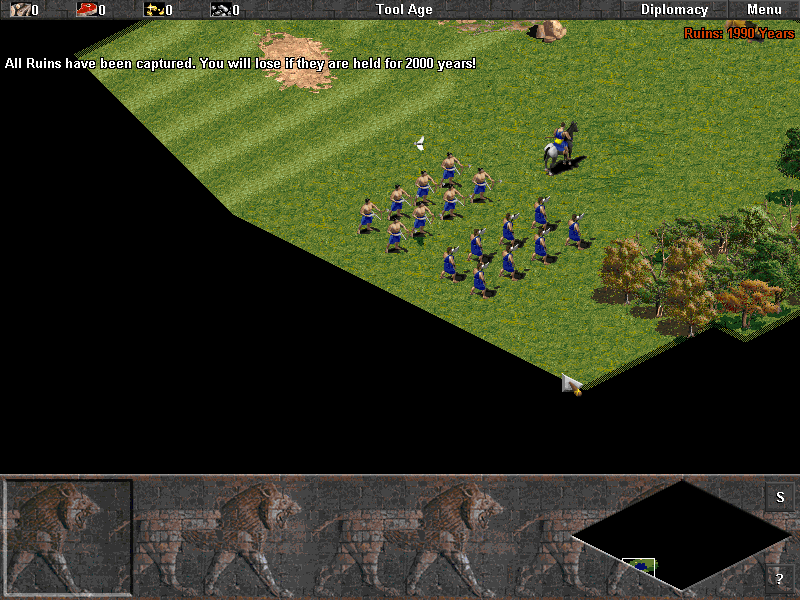 Age of Empires (Windows) screenshot: In this mission you have to capture ruins in enemy's territory.