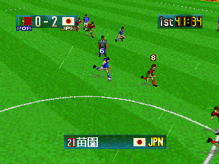 Hyper Formation Soccer (PlayStation) screenshot: Oblique View Point - Level 1 Zoom