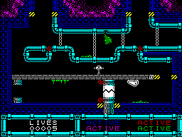 Ooze: The Escape (ZX Spectrum) screenshot: Jumping up on the ceiling to avoid the toxic waste on the floor.