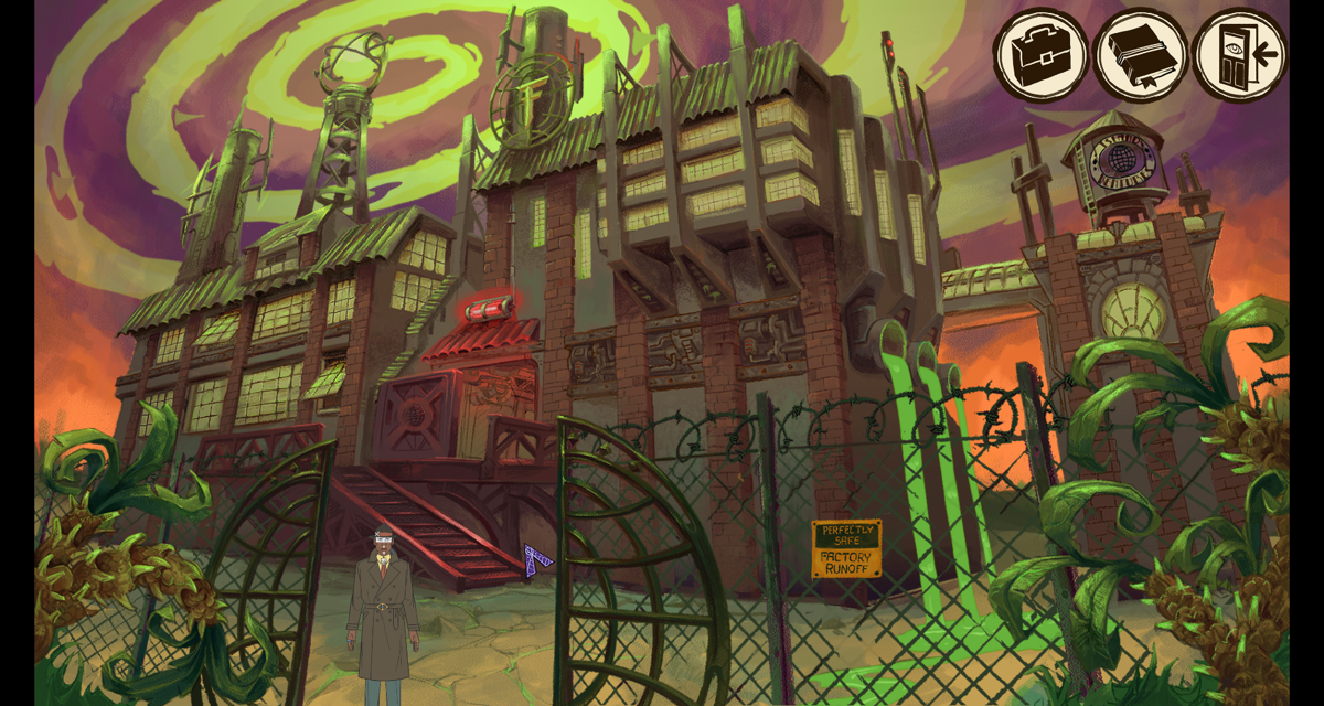 Voodoo Detective (Windows) screenshot: Ventures Island factory, with an obligatory scary vortex in the sky.