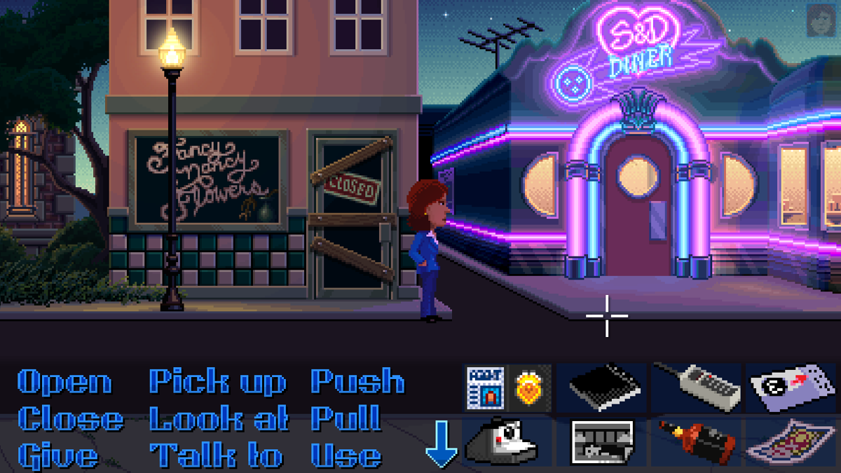 Thimbleweed Park (Windows) screenshot: The diner entrance with almost eye-hurting neon lights.