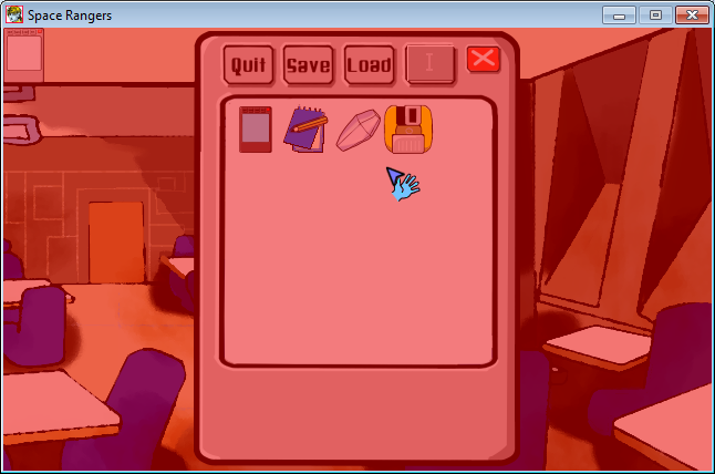 Space Rangers Ep. 46 - the Devil within (Windows) screenshot: The inventory and game menu. Notice how it's not an abstract UI element, but looks exactly like the communication device in the previous screenshot!