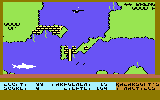 Nautilus (Commodore 64) screenshot: Starting location of the game. Beware of the fishes, sharks and octopuses