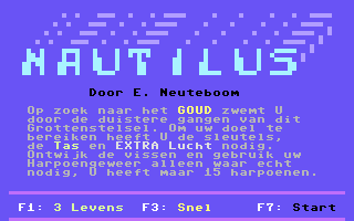 Nautilus (Commodore 64) screenshot: Instructions. Here you can also choose how many lives you want to start with (3 to 6) and also choose the difficulty level between "Langzaam" (slow) or "Snel" (fast).