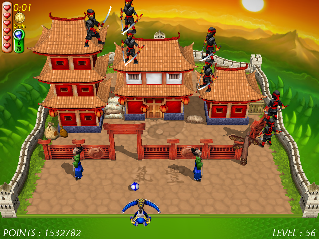 Magic Ball 4 (Windows) screenshot: Sneaky ninjas are stealthily barging in the village of their archenemies, samurais.